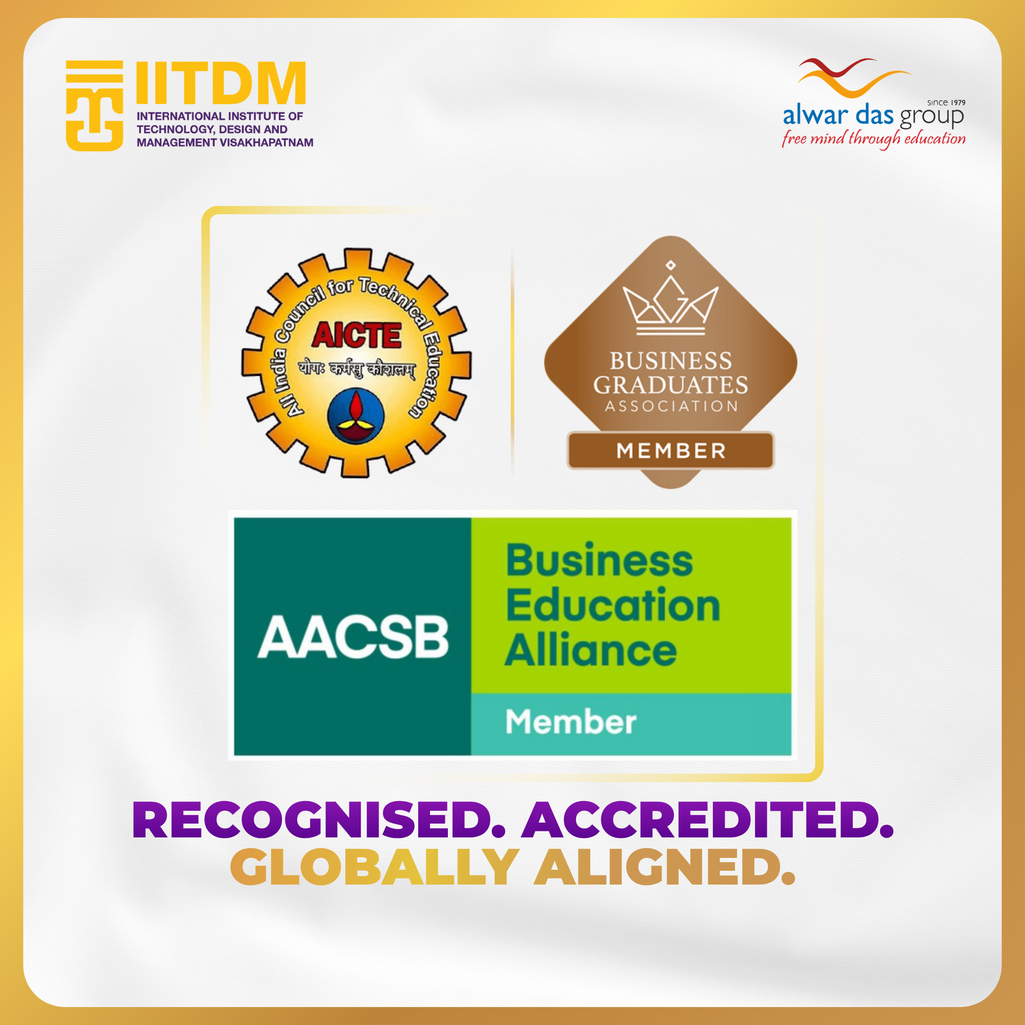 AICTE, Business Graduates Association and AACSB accreditation logos